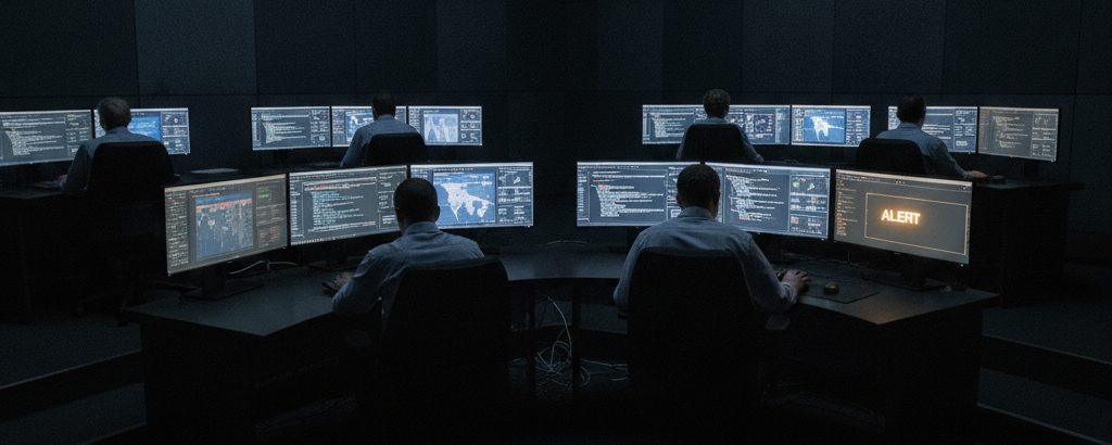 Sicherheitsanalysten an einem Behörden-SOC mit Multi-Monitor-Arbeitsplätzen in gedämpftem Licht