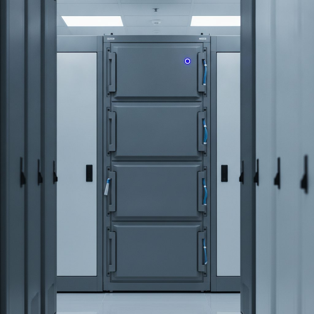 Secured server rack in a military data center – AI infrastructure for defense applications