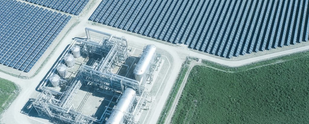 Luftaufnahme eines Solarparks neben einer Elektrolyseur-Anlage bei klarem Tageslicht