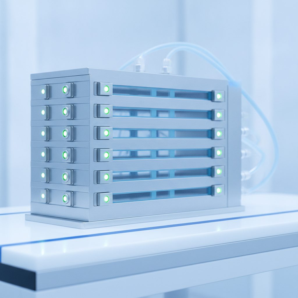 Elektrolyseur-Stack auf einem Fabrik-Prüfstand in industrieller Umgebung