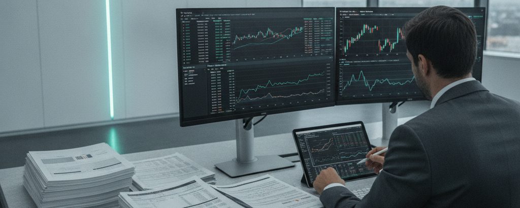 Finanzanalyst prüft IPO-Unterlagen an einem modernen Schreibtisch mit Daten-Bildschirmen