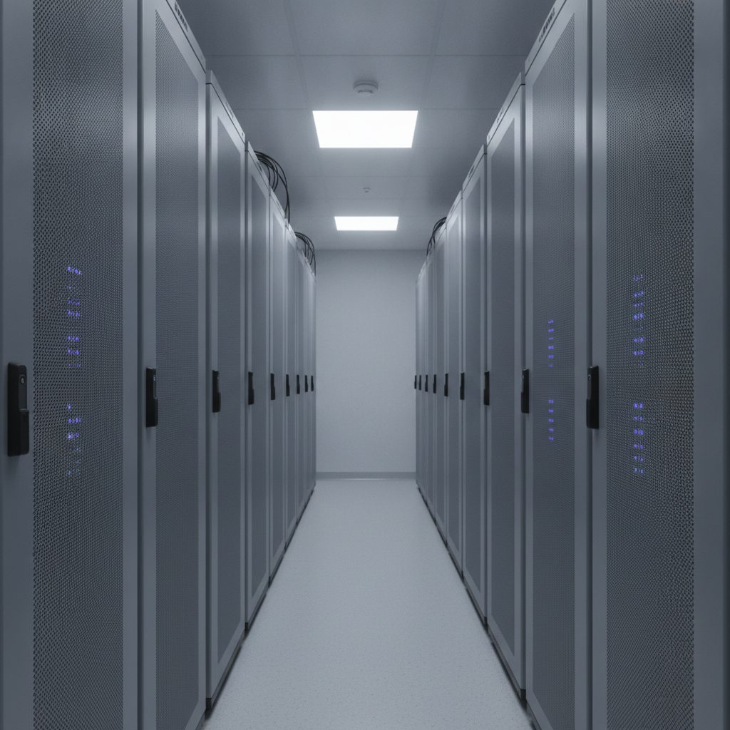 Serverreihen in einem Rechenzentrum-Korridor mit gedämpftem technischem Licht