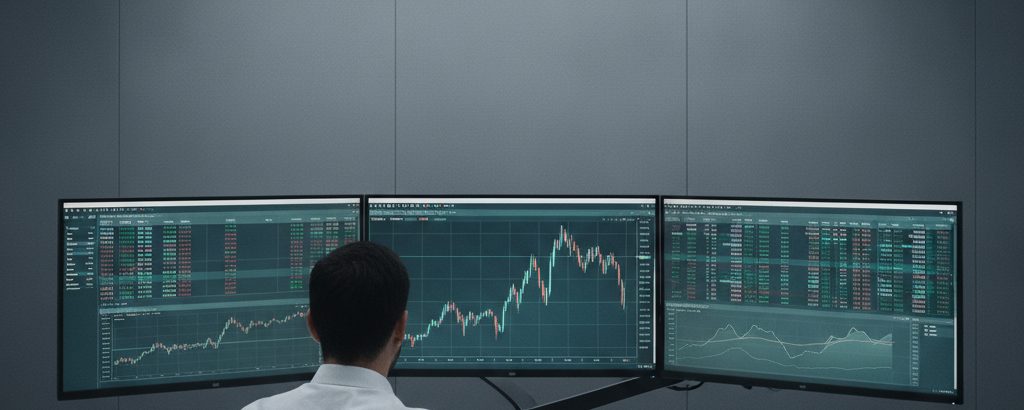 Financial analyst reviewing stock charts on multiple screens in a neutral office with a gray color palette