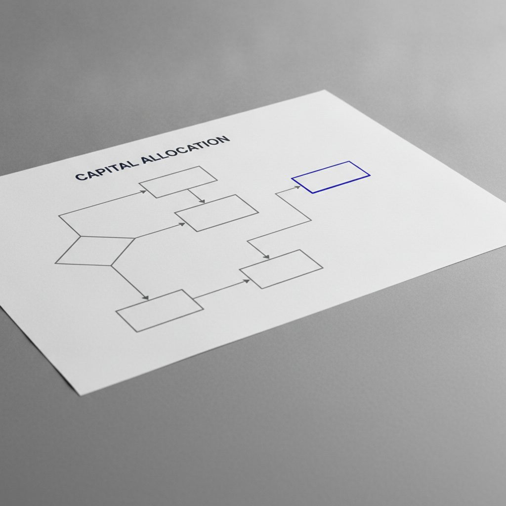 Printed capital flow diagram on a desk with indigo-highlighted data points