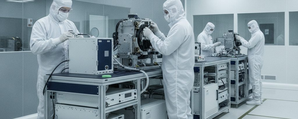 Engineers in cleanroom suits calibrating an optical laser communication module on a test stand