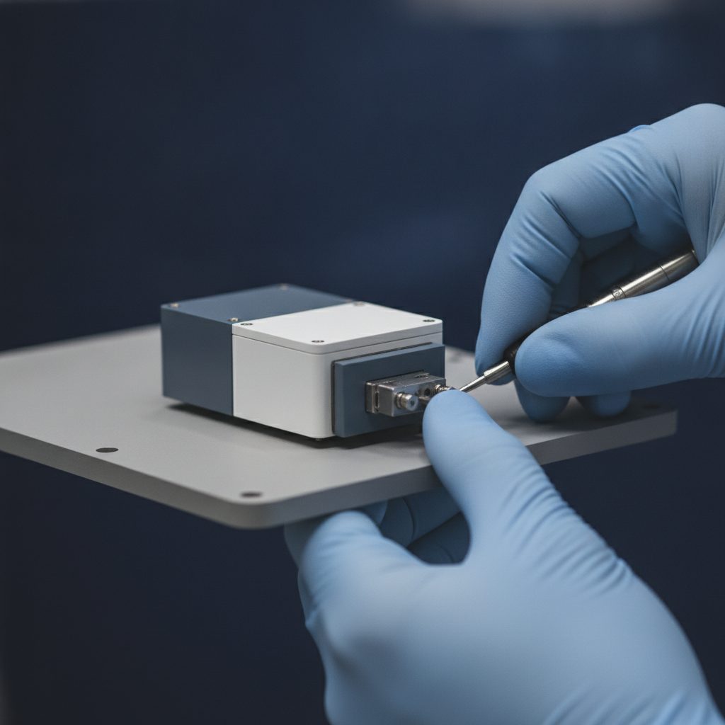Optical laser transceiver on a satellite module in a cleanroom, close-up view