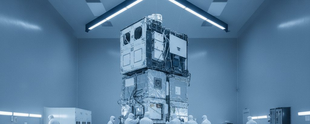 Techniker in Reinraumanzügen bei der Integration eines Satelliten in einer Produktionshalle