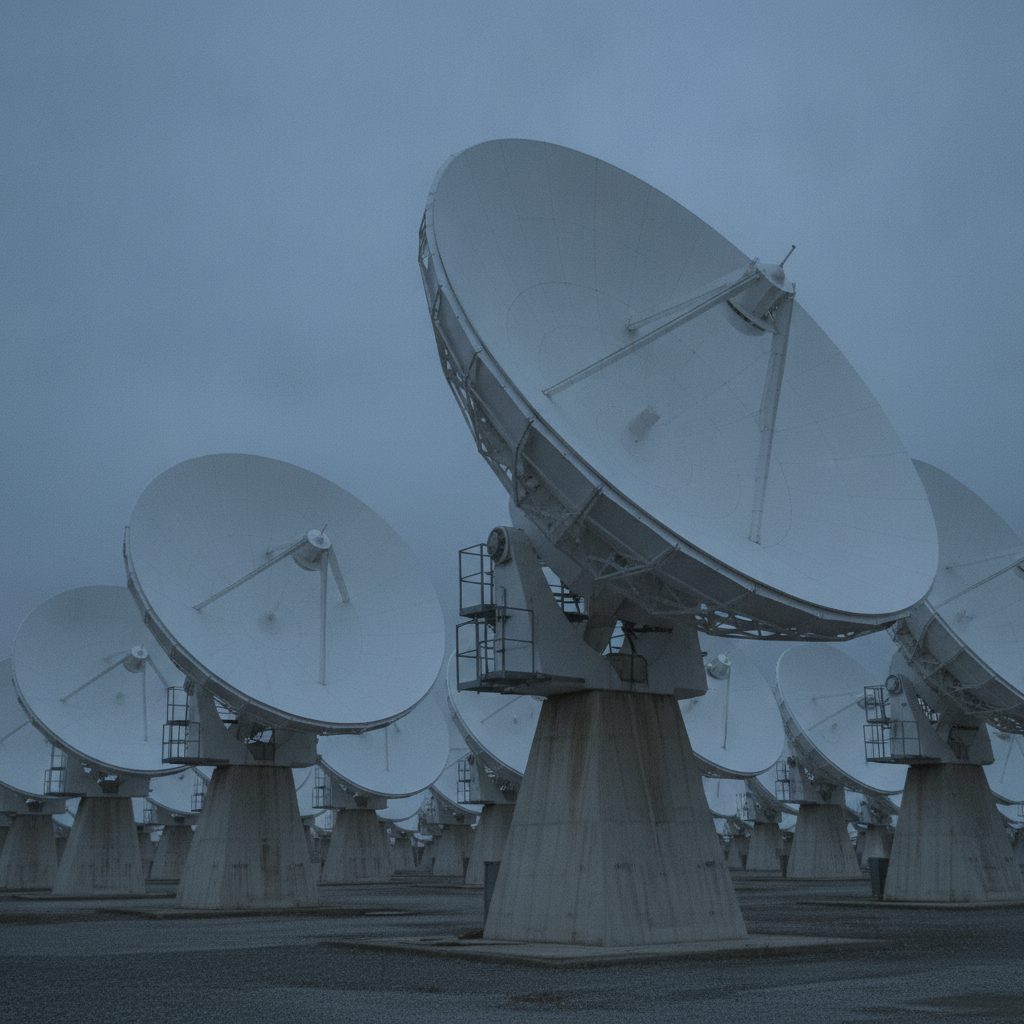 Großes Parabolantennen-Array unter bedecktem Himmel – Bodensegment einer Satellitenkonstellation