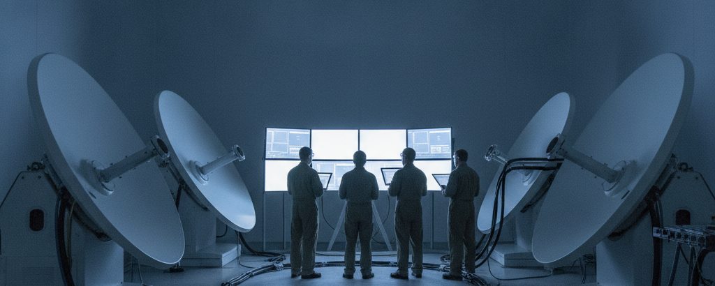 Military test stand for directed energy technology in a test hall with technicians in olive-green workwear