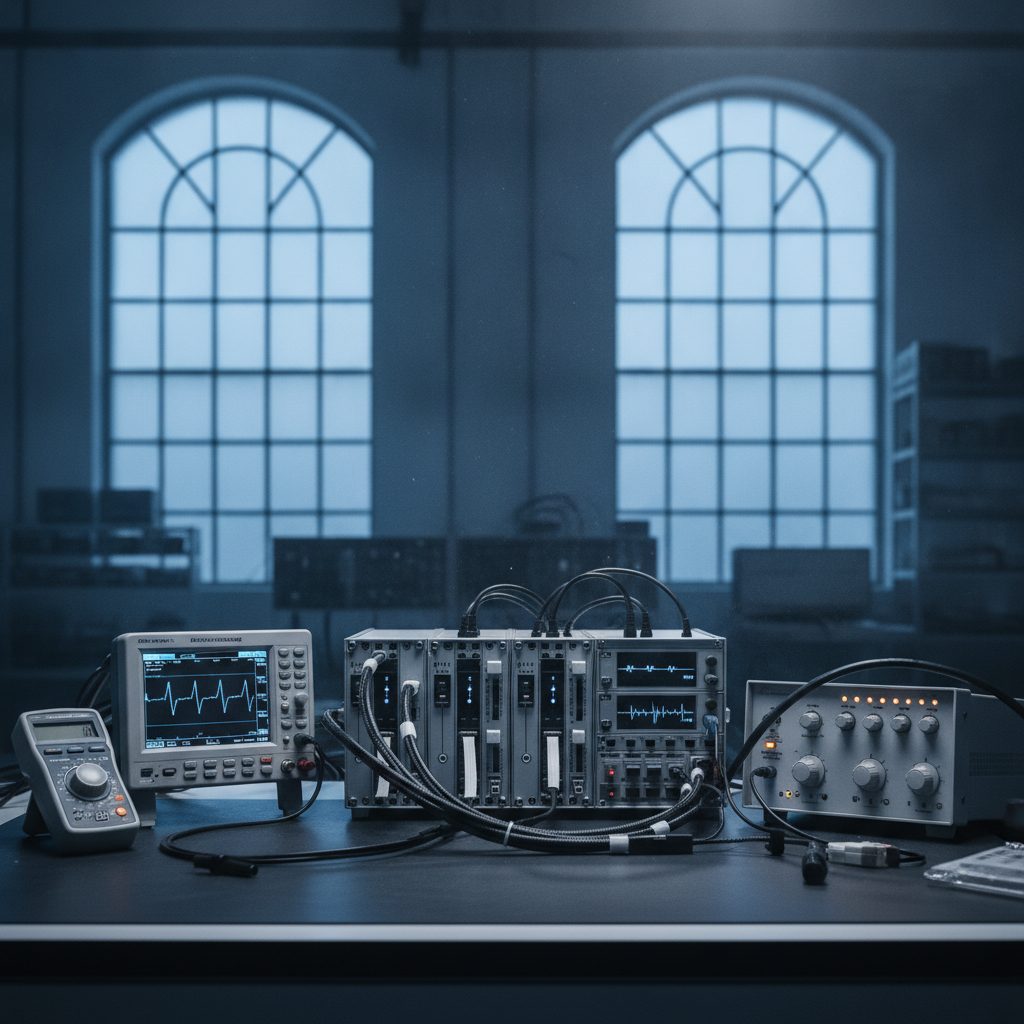 Avionics test setup with measurement equipment and modular hardware panels on a defence test stand