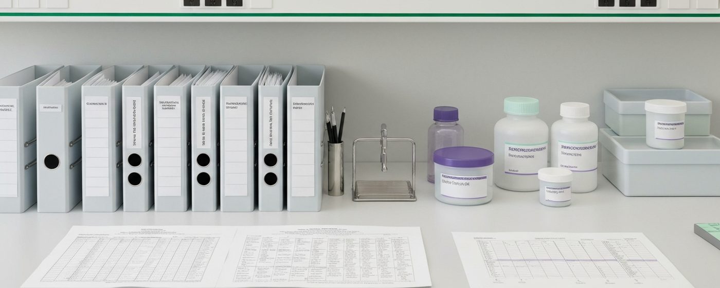 Regulatory study documentation at a clinical research workstation with binders and data tables
