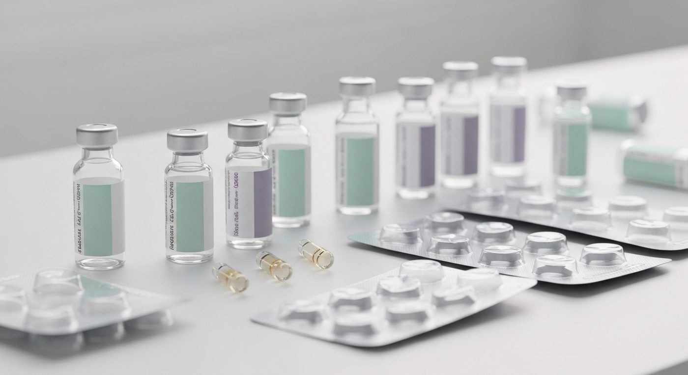 Sterile vials and blister packs on a neutral surface in a pharmaceutical manufacturing environment