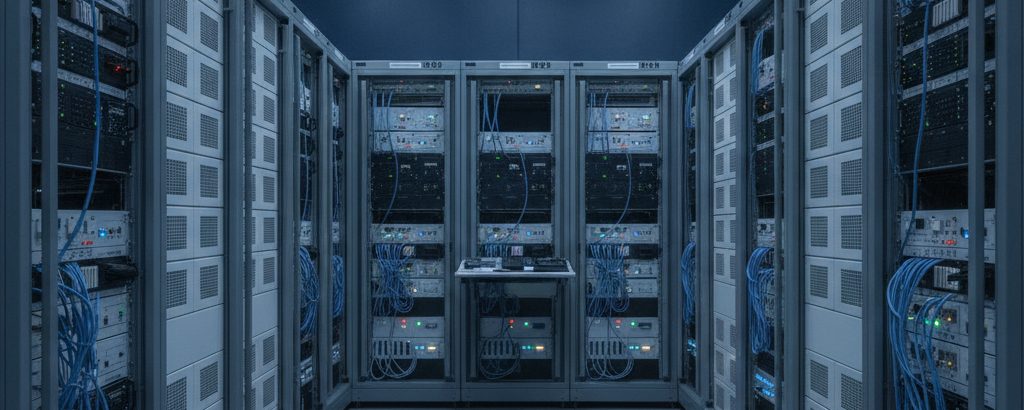 Elektronischer Kriegsführungs-Teststand in einem Militärhangar mit grauen Geräteracks
