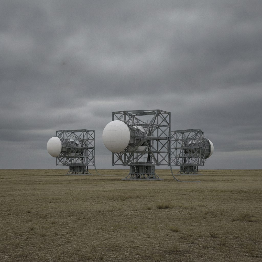 Radarantennenanlage auf einem Testgelände unter bewölktem Himmel