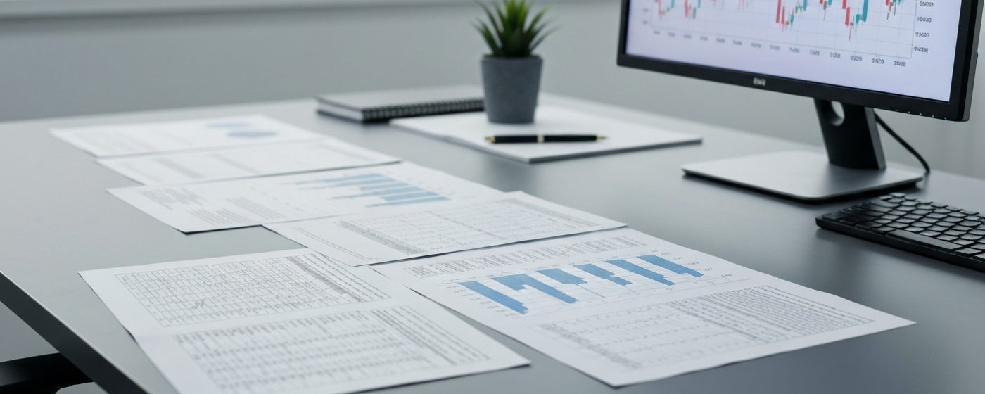 Regulierungsdokumente auf einem Schreibtisch in einem Compliance-Büro mit Monitoren und Handelsdaten