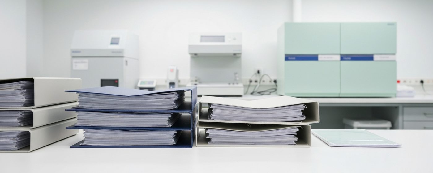 Regulatorische Studienunterlagen und BLA-Akten auf einem klinischen Forschungsschreibtisch