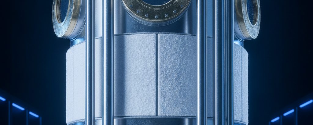 Kryostat-Außengehäuse in einem Quantencomputing-Labor mit Messing- und Chromdetails vor tiefblauem Hintergrund