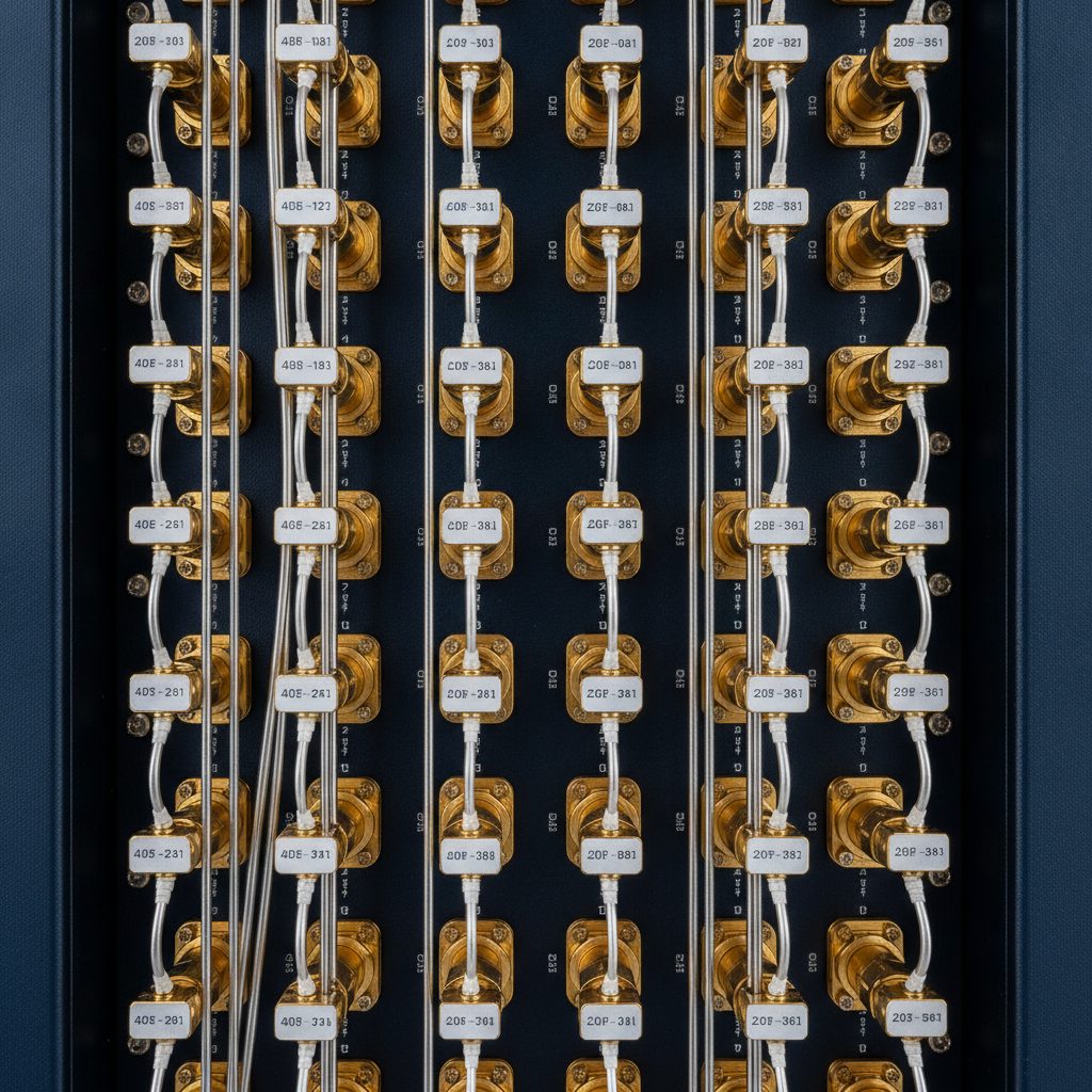 Steuerungselektronik-Rack eines Quantencomputers mit Koaxialkabeln und Messingverbindern