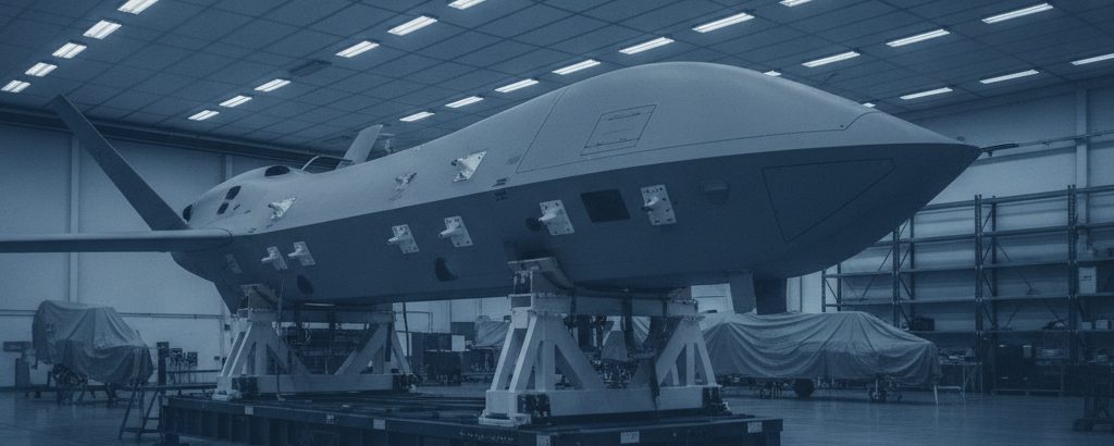 UAV fuselage section on a test stand in a military hangar – defense procurement suppliers