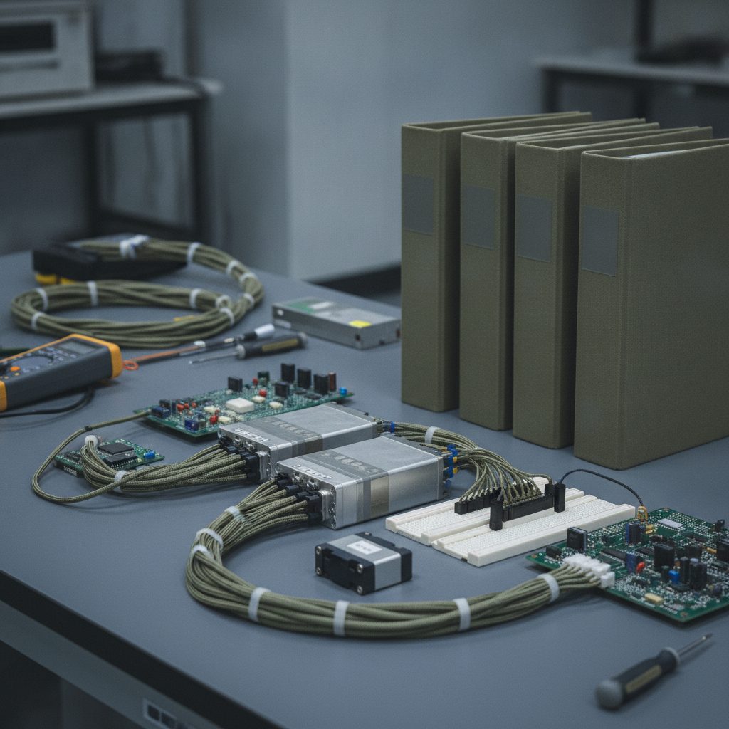 Avionics integration bench with sensor modules and technical documentation for defense suppliers