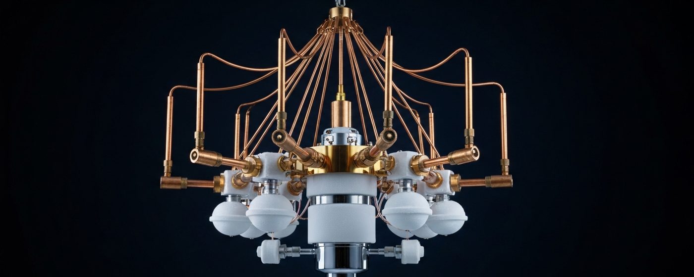 Dilutionskryostat-Anlage eines Quantencomputers im Forschungslabor mit Messing- und Chromkomponenten