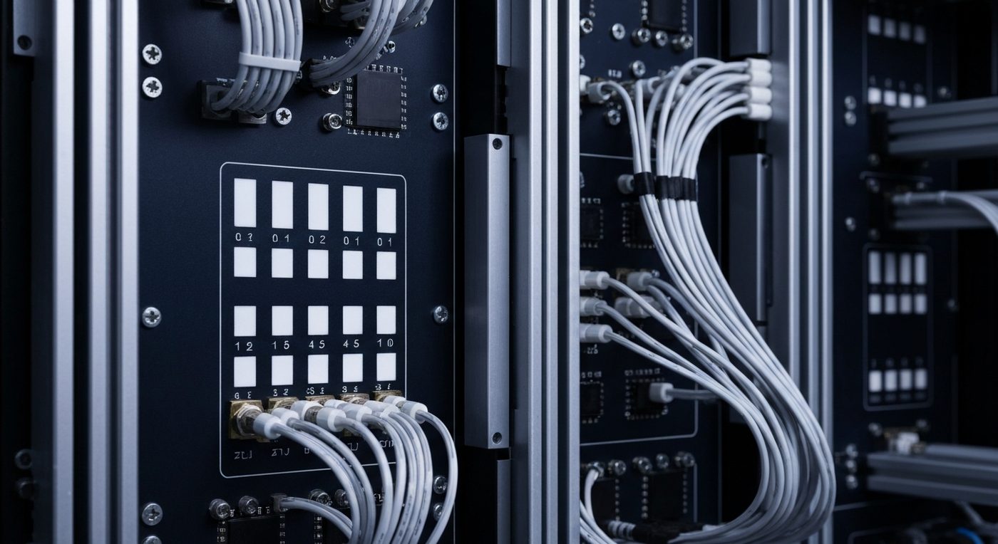 Steuerungselektronik-Racks eines Quantencomputersystems mit Kabeln und Metallpaneelen