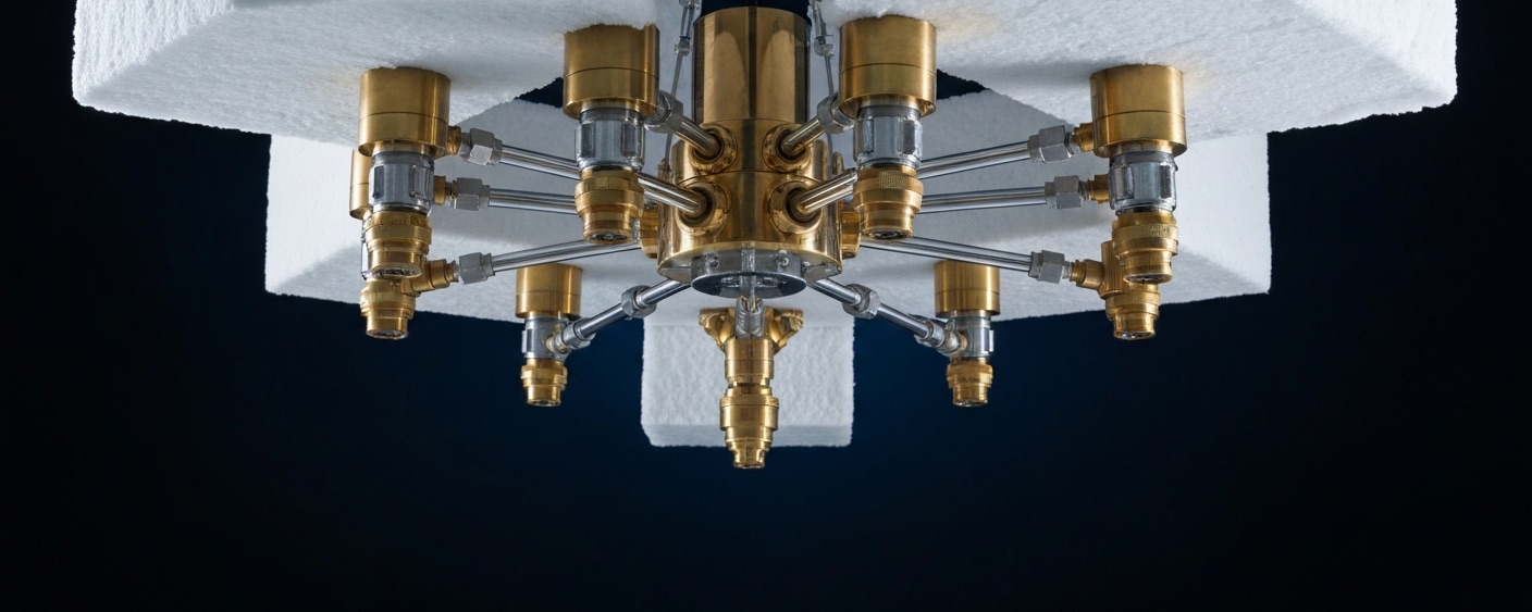 Dilutionskühler in einem Quantencomputing-Labor mit Messing- und Chromdetails vor tiefblauem Hintergrund