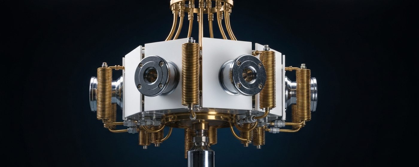 Cryostat setup of a quantum computer with brass and chrome components in a research laboratory