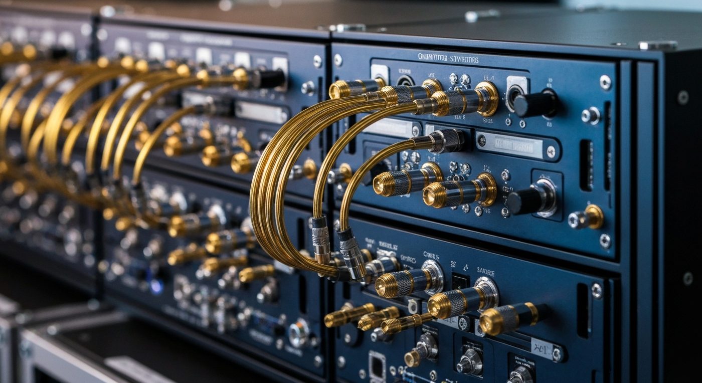 Control electronics rack of a quantum computer with microwave synthesizers and gold-plated coaxial cables