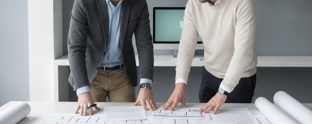 Zwei Ingenieure analysieren Vertragsdokumente und Architekturdiagramme in einem sachlichen Büroumfeld