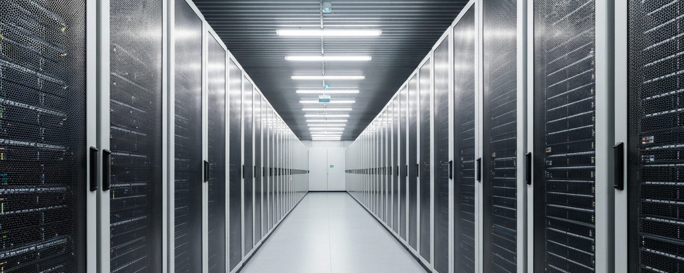 Server rows in a data center with cool, even lighting — a symbol of AI compute capacity as a new core business