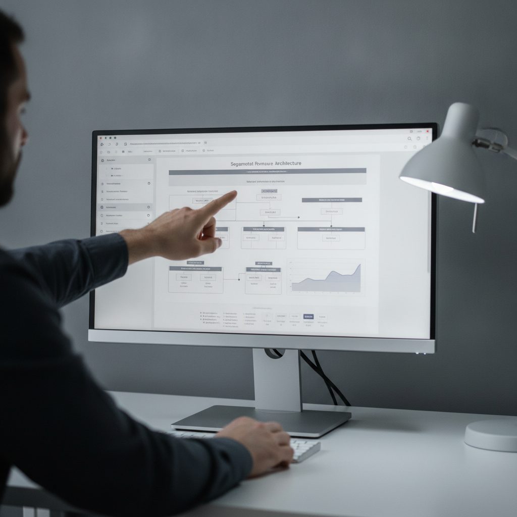 Engineer analyzing revenue segmentation on a monitor in a quiet office with cool lighting