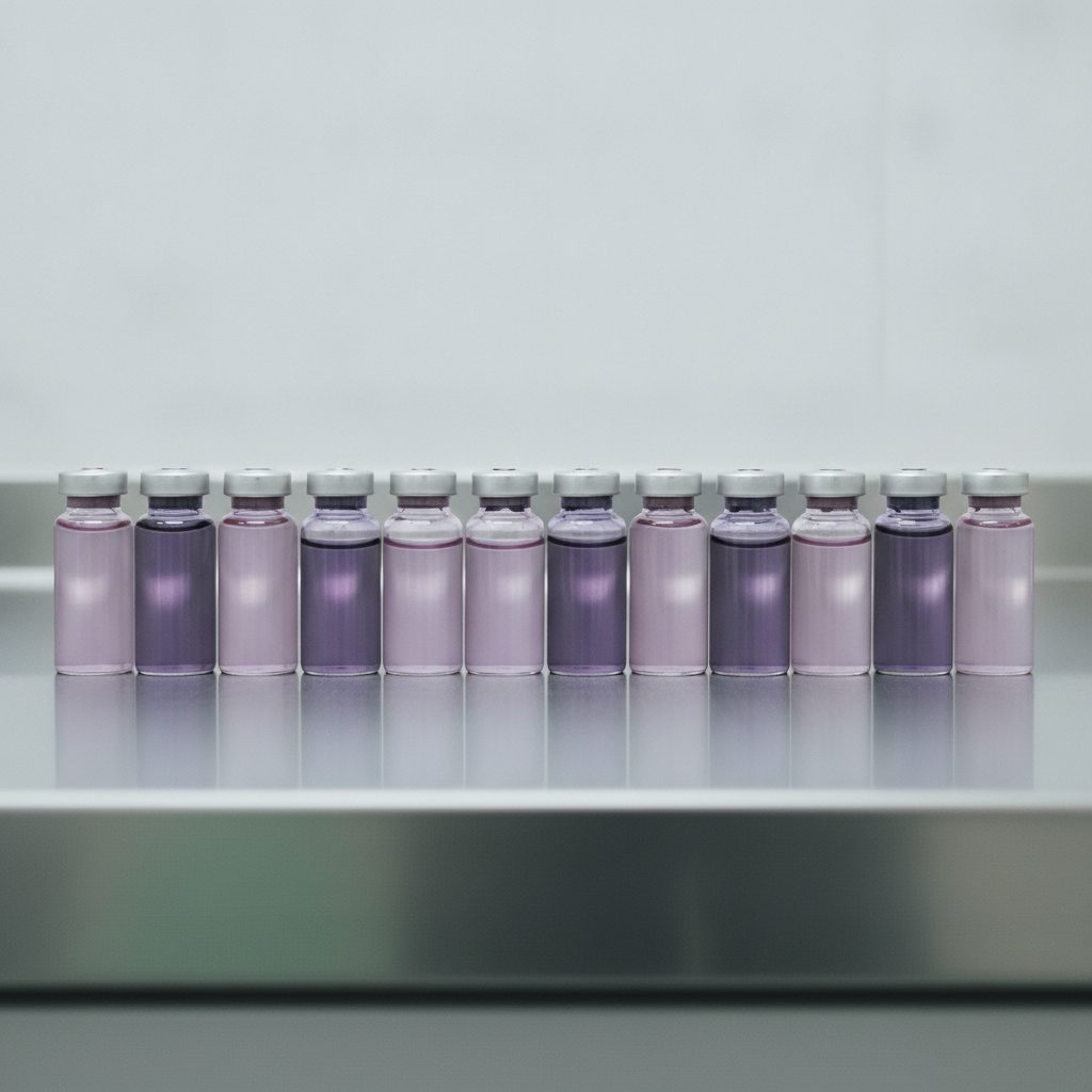 Sterile Glasfläschchen auf einer Edelstahloberfläche im Biopharma-Labor