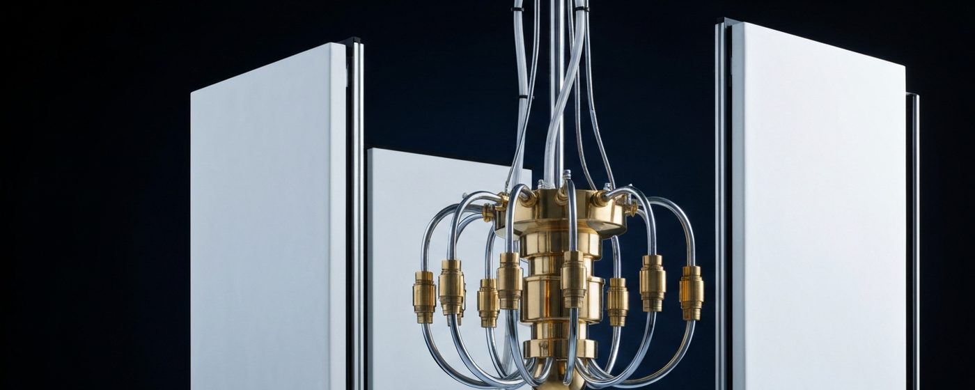Dilution refrigerator suspension in a quantum computing laboratory with a polished brass structure and deep black background