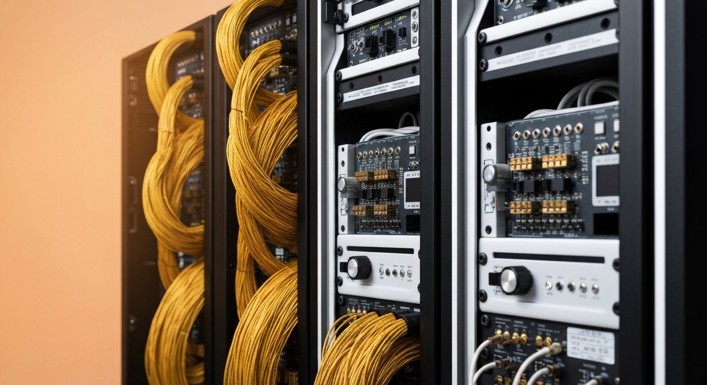 Control electronics racks of a quantum computing system with gold-colored cable routing and chrome details