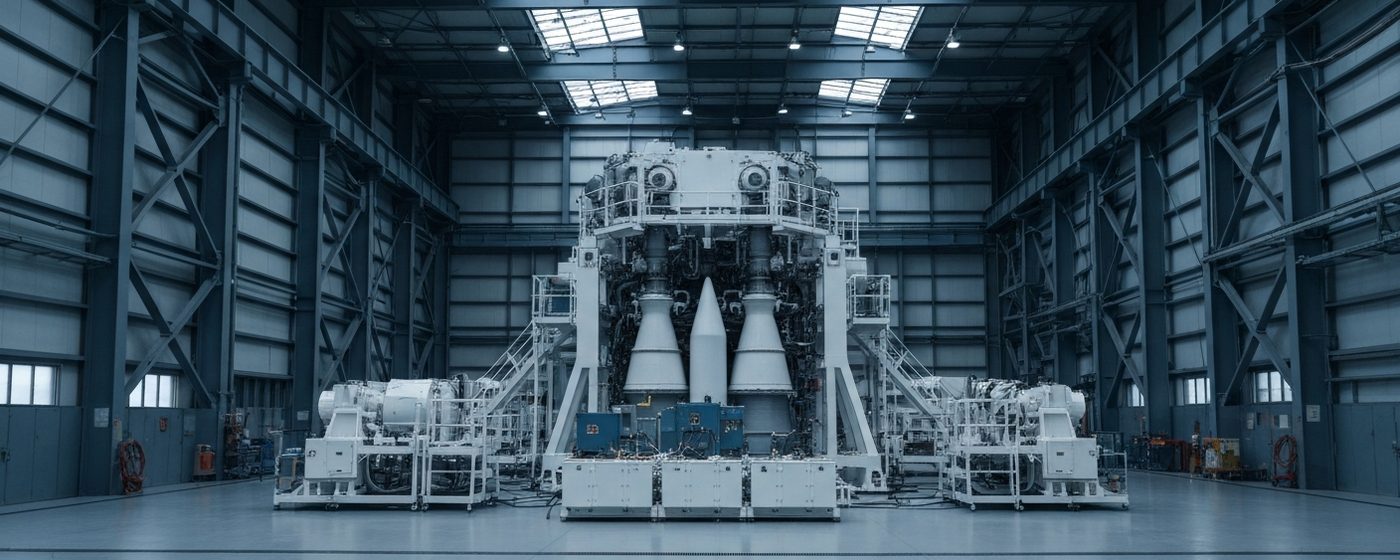 Rocket engine test stand inside an industrial hangar with a gray steel frame and matte white equipment