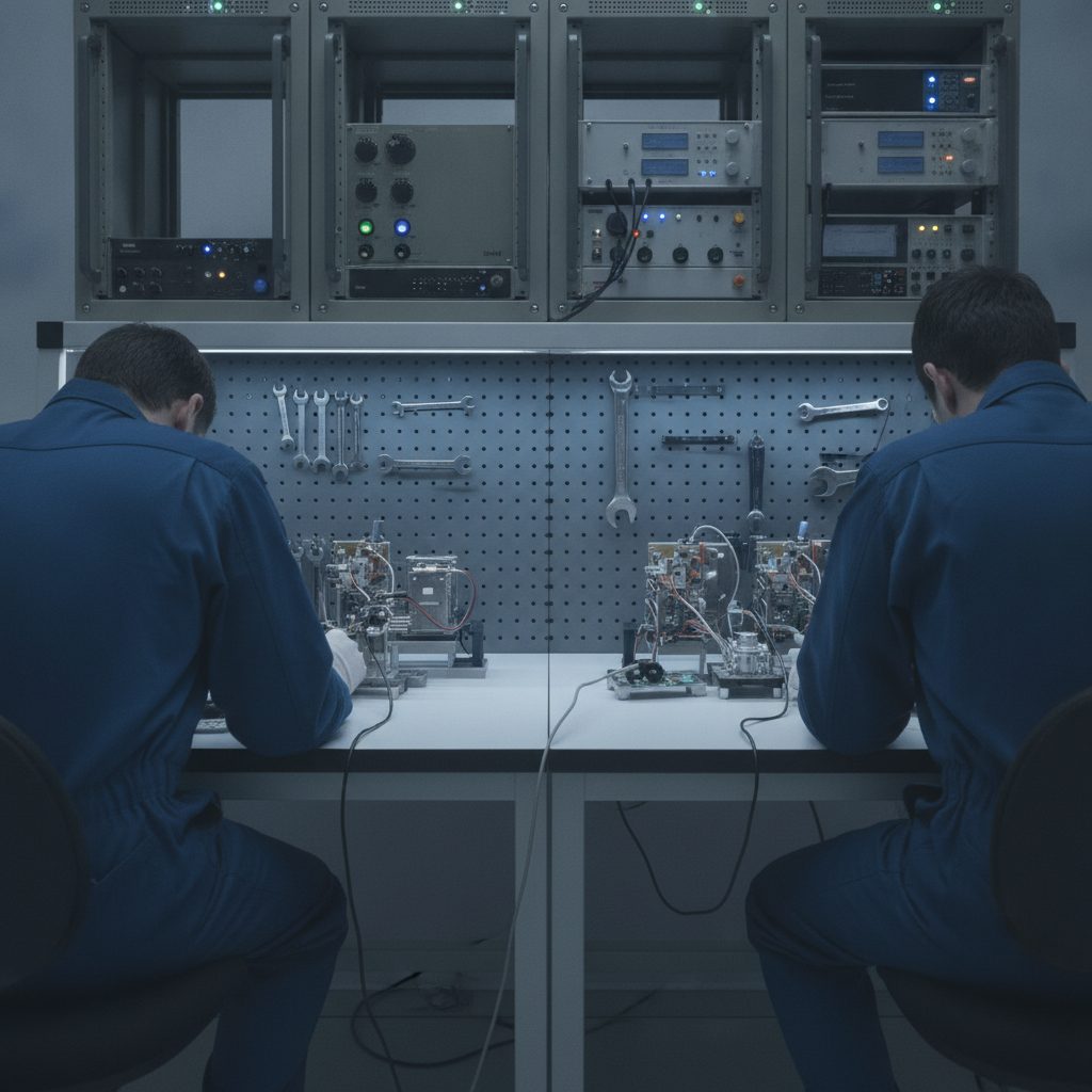 Technician testing propulsion components at an avionics workstation