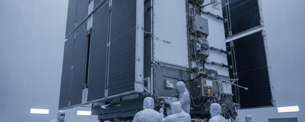 Communications satellite in a cleanroom with technicians in protective suits prior to integration