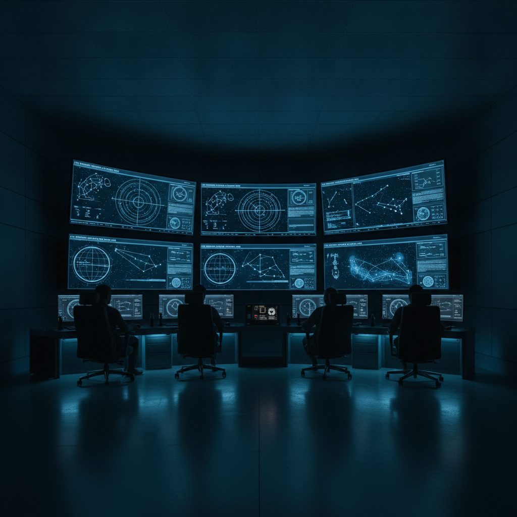 Mission control room with orbital tracking screens and operators at technical consoles