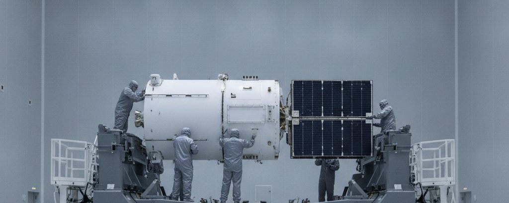 Techniker in Reinraumanzügen montieren einen LEO-Militärsatelliten in einer Integrationshalle