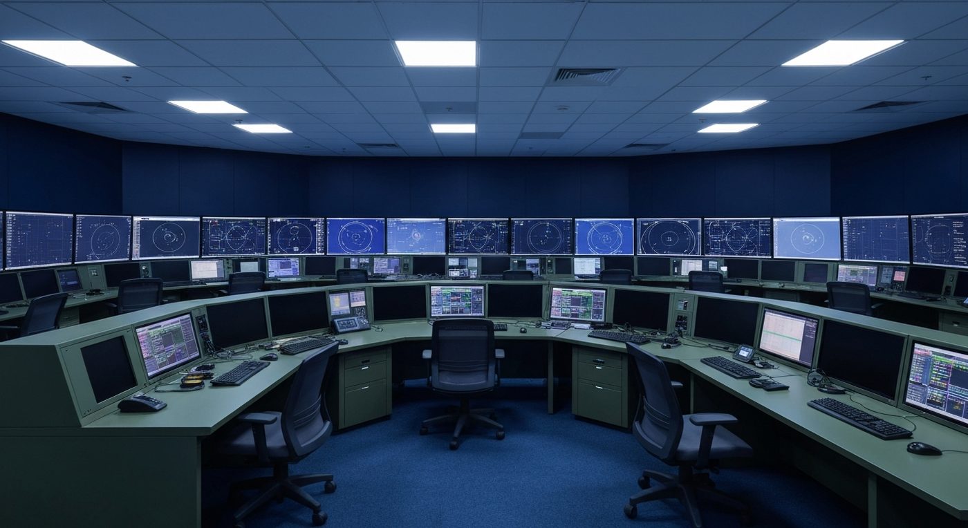 Missionskontrollraum mit Orbitaldaten-Bildschirmen und leeren Workstations im Blaulicht