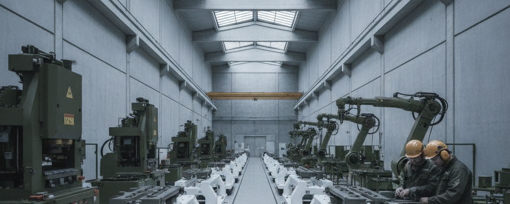 Modern defense manufacturing facility with an assembly line and workers in protective equipment