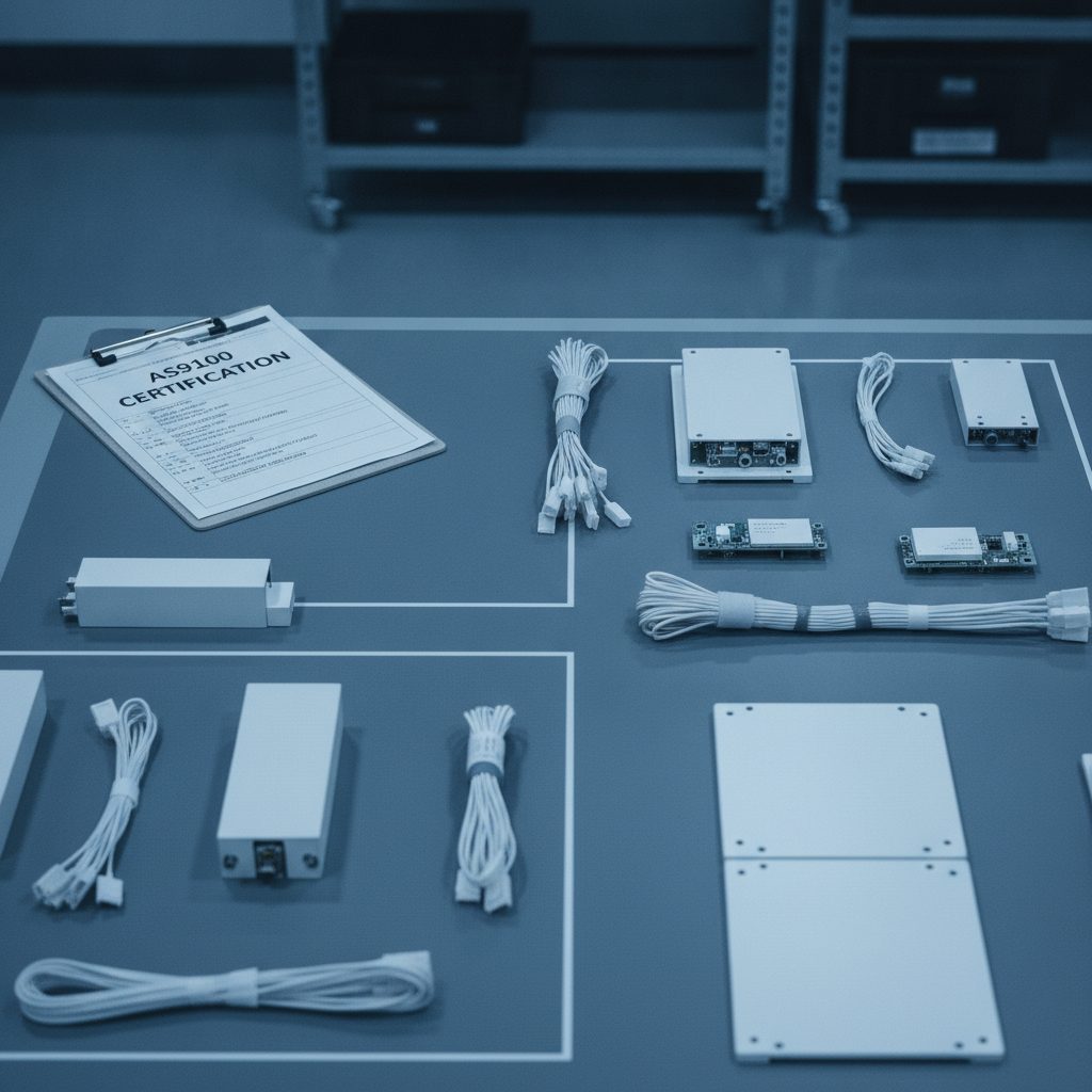 Quality inspection of avionics components on an inspection table in a defense supplier factory