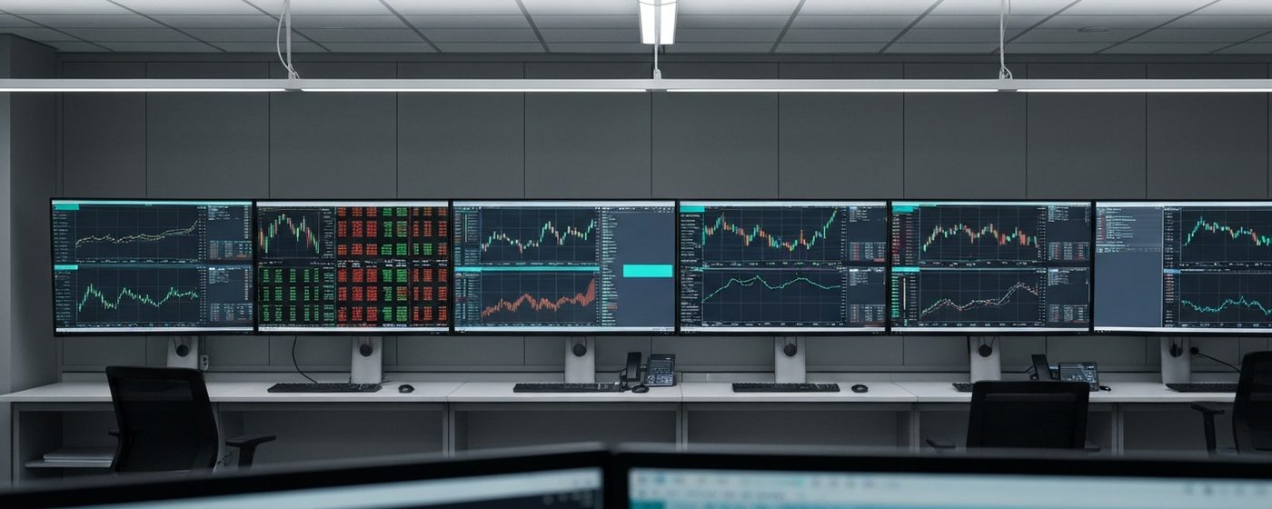 Modernes Trading-Büro mit Monitoren und Indexcharts – Sinnbild für Small-Cap-Marktanalyse