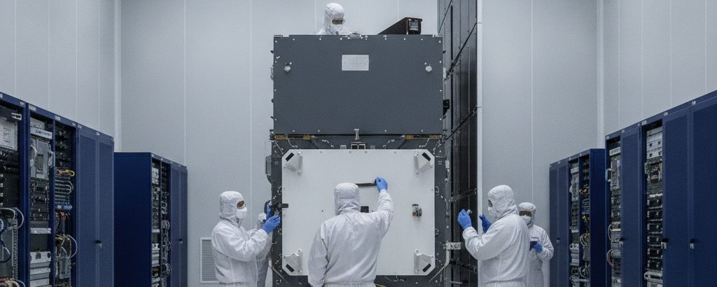 SAR satellite model in a cleanroom with technicians in protective suits conducting an inspection