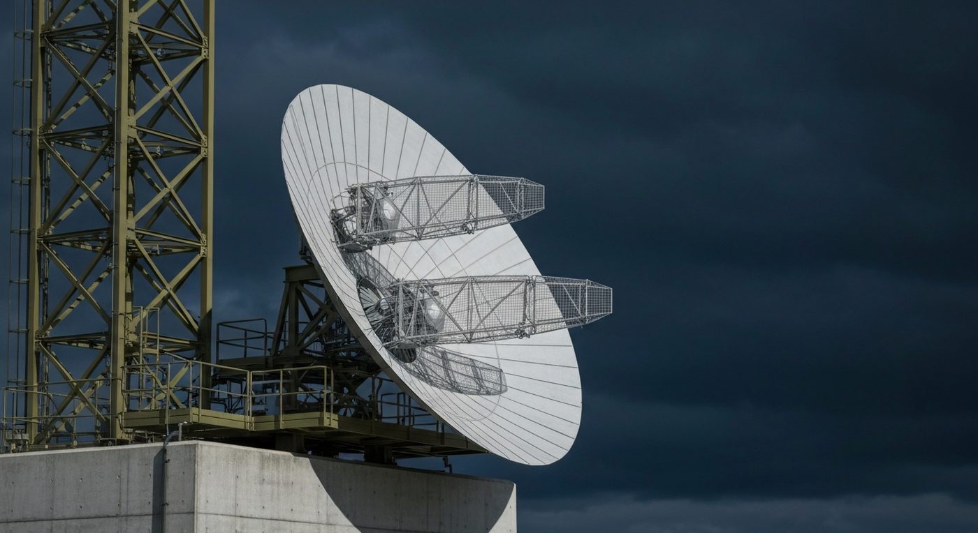 Large parabolic radar antenna installation at a test site under an overcast sky