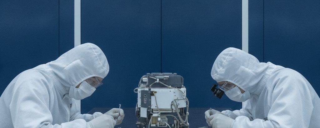 Techniker in Reinraum-Schutzanzügen montieren ein Kleinsatelliten-Antriebsmodul auf einem Prüfstand
