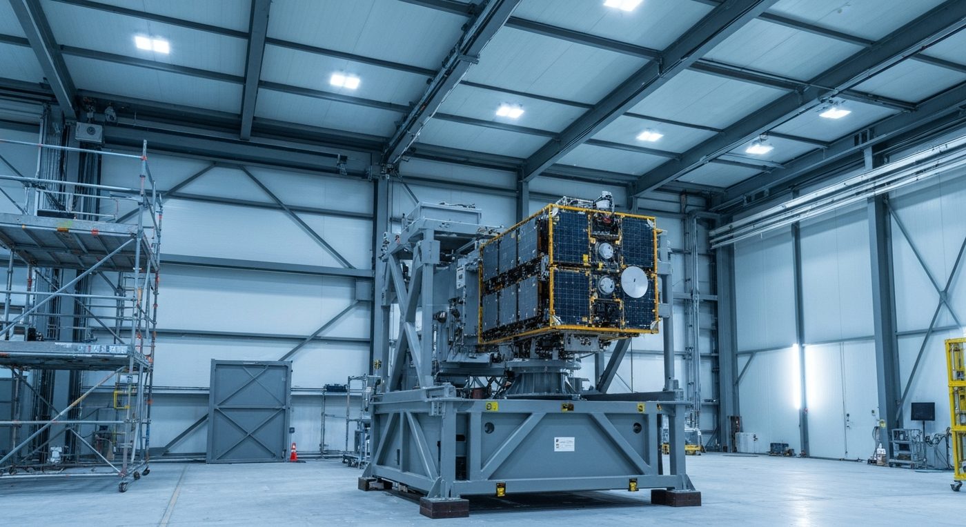 Satelliten-Integrationsanlage mit einem Kleinsatelliten-Bus auf einem Prüfgestell in einer Montagehalle
