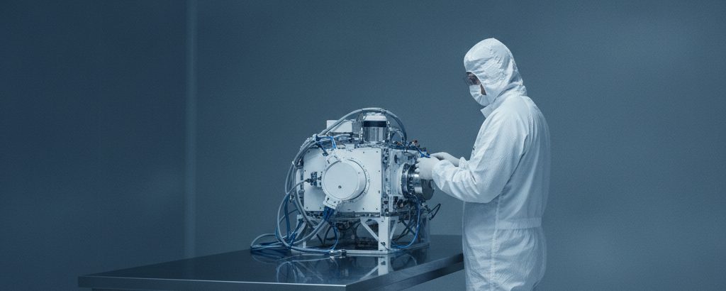 Techniker in Reinraumanzug inspiziert ein kompaktes Ionentriebwerk auf einem Teststand in einer Raumfahrtfertigung