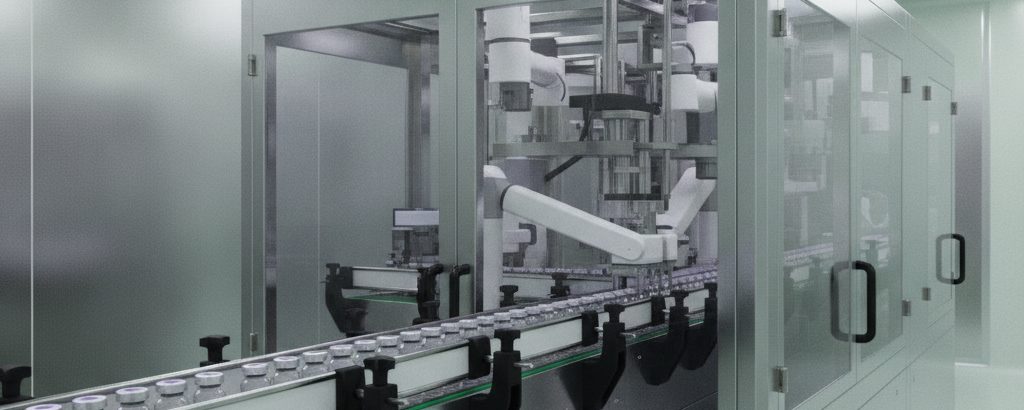 Sterile Abfüllanlage mit Glasfläschchen auf einem Förderband in einer Gentherapie-Produktionslinie